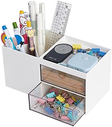 LETURE Office Desk Organizer with drawer, Office Supplies and Desk Accessories, Business Card/Pen/Pencil/Mobile Phone/Stationery Holder Storage Box (White) by LETURE