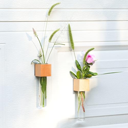 Wooden Wall Planter Glass Plant Propagation Stations Fridge Glass Tube Single Stem Bud Vase 2Pcs/Set Modern Decorative Cube Wood Window Flower Vase Refrigerator Magnetic Mini Glass Vase with Dropper - Image 5