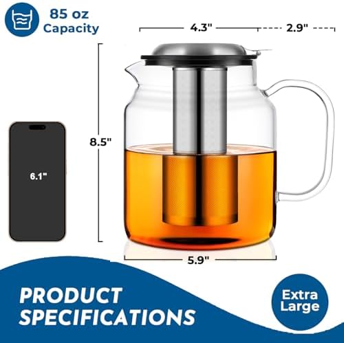 Aquach 85oz Glass Teapot with Infuser, Stovetop Safe Borosilicate Tea Pot - Image 3