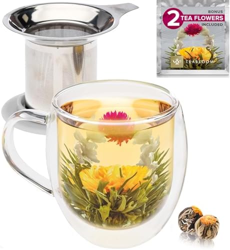 Teabloom Stay-Hot Heatproof Glass Mug with Loose Tea Infuser and Lid – 15 oz /430 mL – 2 Blooming Teas Included by Teabloom