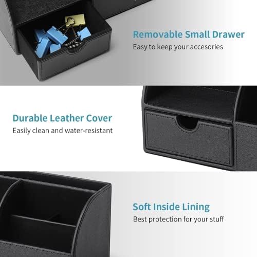 VLANDO Office Desk Organizer Leather Desktop Organizer Caddy with Drawer for Storing Desktop Supplies and Accessories (Black Set) - Image 3