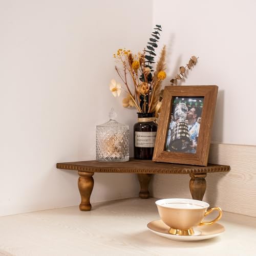 OKSQW Wood Corner Counter Shelf Framehouse Decorative Tray Stand for Kitchen Bathroom Riser Organizer Coffee Bar Display Shelf with Detachable Legs (LightBrown) - Image 4