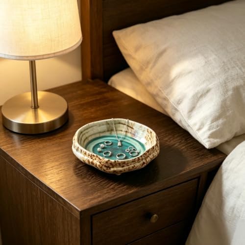 Ceramic Jewelry Dish, 5 Inch Wabi Sabi Speckled Trinket Tray, 4 Footed Shallow Ring Dish, Rustic Green Speckled Decorative Bowl for Rings Earrings Necklaces, Vanity Organizer, Gift for Women - Image 2