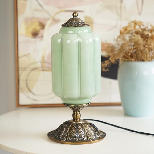Vintage Milk Glass Table Lamp, 3-Way Dimmable USB-C+A, Green Bedroom Lamps by Unknown