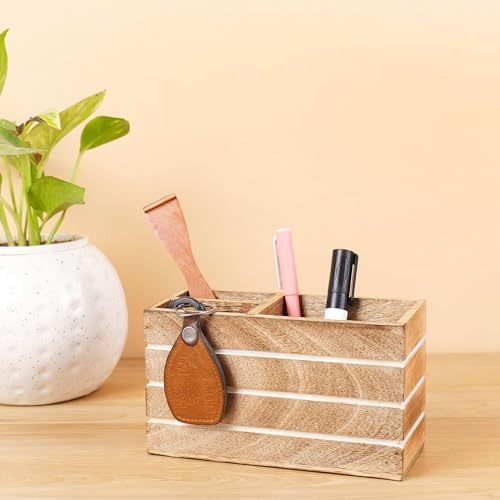 Hashcart Pen Holder Pencil Holder - Wood Pen Cup Pencil Cup for Desk - Office Desk Organizer - Makeup Brushes Holder - 3 Compartment Caddy for Home and Office - Image 6