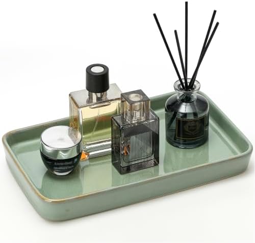 10"×6"×1" Bathroom Vanity Tray for Countertop- Ceramic Decorative Organizer Tray for Dresser Tops, Toilet, Perfume, Sponge Holder Soap Dish Dispenser for Kitchen Counter- Kiln-Transformed Green by StylishHomeDecorforYou