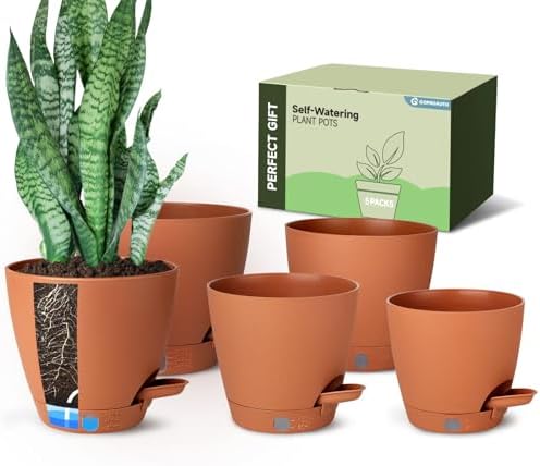 Self Watering Pots for Indoor Plants (5/5.5/6/6.5/8 Inch), Terra Cotta Planters with Water Level Indicator & Drainage,Wicking Pots for Monstera, Herbs & Snake Plant (Terra Cotta, 5/5.5/6/6.5/8 Inch) by GOPROAUTO