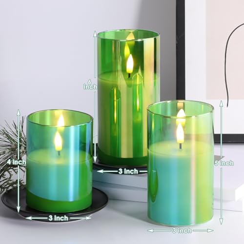 Eywamage Green Glass Flameless Pillar Candles with Remote, Flickering Spring Battery LED Candles Holiday Decor Set of 3 - Image 2