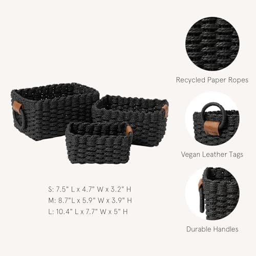 LA JOLIE MUSE Small Wicker Baskets for Organizing, Black 3 Pack - Image 2