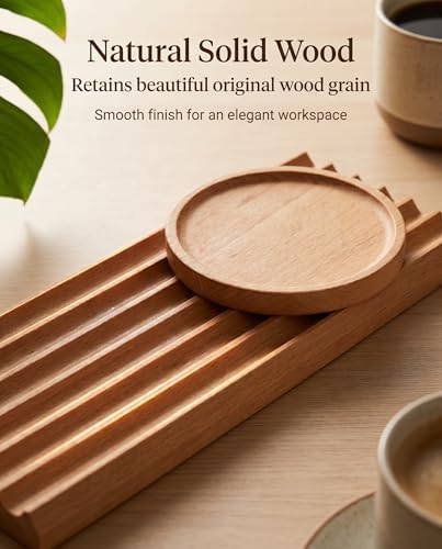 Beech Wood Desk Organizer, 6-Slot Pen Holder with Detachable Round Tray, Wooden Stationery Storage for Pens, Pencils, Office Supplies, Desk Accessories for Home Office, Minimalist Desk Decor - Image 4