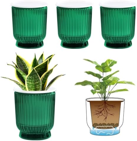 T4U Self Watering Pots for Indoor Plants 4.5 Inch 4 Pack Planter Green by T4U