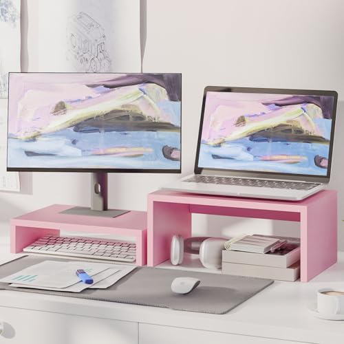 TEAMIX Pink Monitor Stand - 6.7 inch Tall, Wood Riser, Desktop Organizer - Image 6