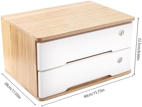 Wooden Desktop Storage Box with Lockable Drawers, Flat File Cabinet Drawer Desktop Storage Box, Countertop Storage Cabinet for Office Home Toiletries Supplies Vanity (natural wood+white, 2 Drawer) - Image 3