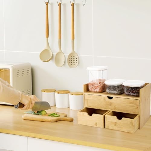 Charmewooden Bamboo Desk Organizer 3 Drawer with shelf, Countertop Organizer with Drawers Makeup Storage Drawer 3 Drawers Tabletop Storage Organization Box Home Office Workspace - Image 5