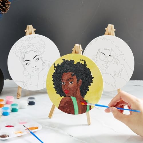 Supervitae 72 Piece Black Girls Round Pre Drawn Canvas Kit 5.9" Paint and Sip Kit for Adults Painting Party Pre Printed Canvas DIY with Pictures Paints Easels Brushes for Party Gifts - Image 5