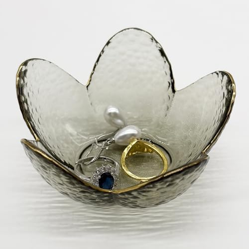 Flower Ring Dish Jewelry Tray, Glass Jewelry Dish Tray, Cute Room Decor Small Trinket Dish, Nightstand Jewlery Ring Holder, Bathroom Jewlery Plate Bowl for Earring Gift for Women (Smoky Black) by BESSKON