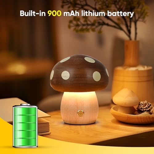 LONRISWAY Cordless Wood Mushroom Lamp, Small Battery Operated Wooden Table Lamp Portable Night Light, Stepless Dimmable Touch Control Warm LED Light for Bedroom, Nursery, Patio Decor - Image 5