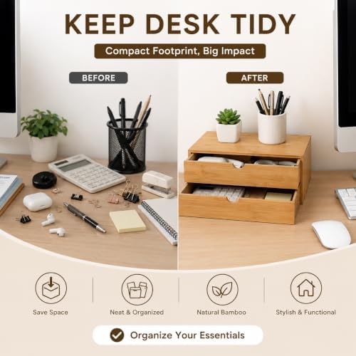 Bamboo Desk Organizer with 2 Drawers, Natural Wood Tabletop Storage Box | No-Assembly Countertop Drawer for Office Home Makeup Jewelry Stationery - Image 6