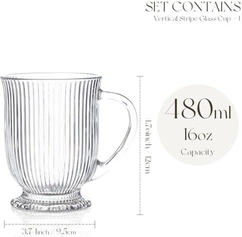 Ribbed Glass Coffee Mugs Set of 4,16 Oz Clear Diner Cups,Large Espresso Cups with Spoon, Glass Mugs with Handle Latte Cup with Footed Base for Hot Beverages,Cappuccino Cups, Stylish Drinkware - Image 2
