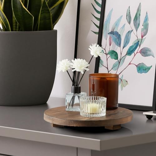 Small Round Decorative Tray Burnt Wood Bathroom Counter Organizer Pedestal Stand Farmhouse Kitchen Decor Wooden Riser for Soap Dish, Perfume, Candle, Sponge, 9" - Brown - Image 3