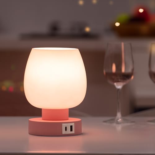 Touch Bedside Table Lamp - Pink Small Lamp for Bedroom with USB C+A Charging Ports 3 Way Dimmable, Nightstand Desk lamp with Glass Lamp Shade Warm LED Bulb Included, Simple Design Christmas by onewish
