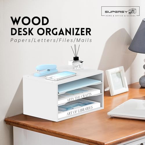 3 Tier Wood Desk Organizer, Mail Sorter and Paper Organizer for Desk, White - Image 2