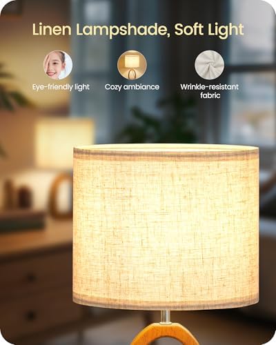 Wood Table Lamps Set of 2, 14.2" Small Bedside Lamp with Beige Linen Lampshade & Dark Pearwood Base, Modern Nightsantd Lamps, Cute Desk Lamp for Small Space, Bedroom, E26 Base, LE07TLP205 - Image 4