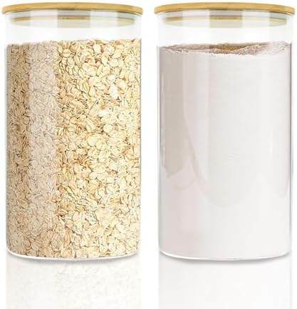 Large Glass Cereal Containers Storage with Airtight Bamboo Lids,Pantry Storage Container,Perfect for Kitchen Organization - Flour, Rice, Pasta, Sugar, Coffee Beans, Accessories Included,2 packs(168oz) by EQEYBRAND