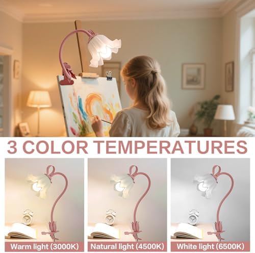 Clip On Light and Flower Bedside Table Lamp, Flexible Gooseneck Reading Book Light with 3 Color Modes, Night Light for Kids Nursery, Clip on for Desk, Bed Headboard, Dorm (Pink) - Image 2