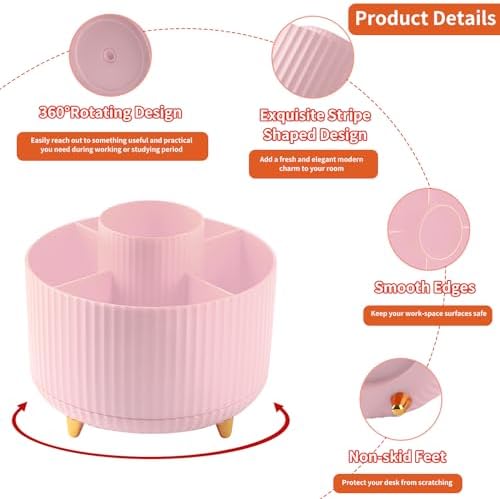 Desk Pencil Pen Holder, 5 Slots 360°Degree Rotating Organizers for Desk, Desktop Storage Stationery Supplies Organizer, Cute Cup Pot Office, School, Home, Art Supply, Pink - Image 6