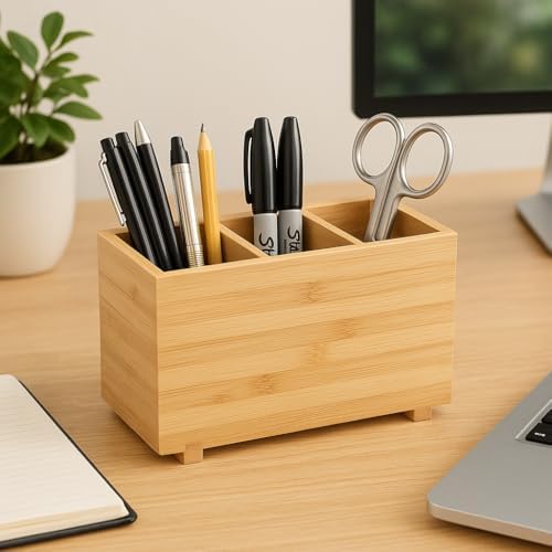 SKYREN Bamboo Desk Organizer – 7" x 3.5" x 4.2" Zen-Style Desktop Organizer for Office, Home & Study – Natural Wood Finish, Eco-Conscious Workspace Storage Solution - Image 2