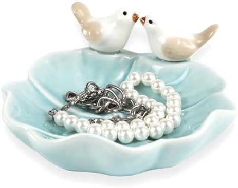 Fordonral Ceramic Jewelry Tray Trinket Dish Decorative Cute Bird & Lotus Leaf Ring Holder Dish Aesthetic Room Vanity Decor (Blue) - Image 5