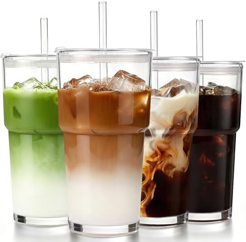 Iced Coffee Cups with Lids: Coffee Bar Accessories - Tumbler Leak Proof for To Go Iced Coffee Cup with Lid 4Pack - 20 oz Glass Cup with Lid and Straws - Thickened Glass Tumbler with Straw and Lid600ml by DWTSDANWEITESI