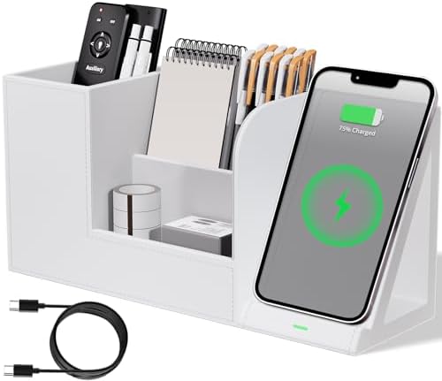 Multi-Functional Pencil Holder for Desk, Desk Organizers and Accessories with 4 Compartments for Office Art Supplies,Desk Phone Stand Charger for Desktop/Counter,Wihte Office Storage for Pens, Keys by LADSTAG