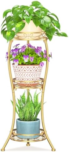 LASZOLA 3 Tiers Metal Corner Plant Flower Stand Tall Indoor Outdoor, Gold by LASZOLA