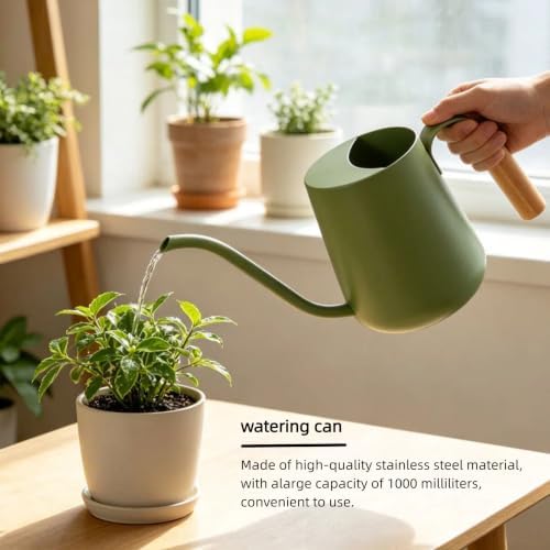 34oz Capacity, Indoor Plants Watering Can with Long Spout, Green Metal with Wood Handle (Green) - Image 3