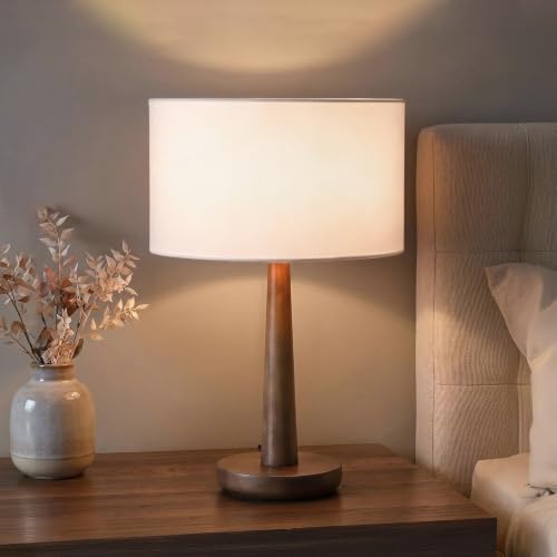 18.5" Modern Dimmable Walnut Wood Table Lamp with Linen Shade, White by Keazile