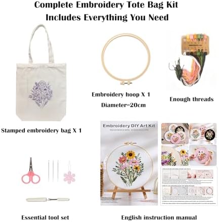 Vigdit Canvas Tote Bag Embroidery Kit for Beginners, Needlepoint Cross Stitch Kit for Adult Beginner, DIY Reusable Grocery Bags Embroidery Starter Kit with Stamped Floral Tools & Instructions - Image 2