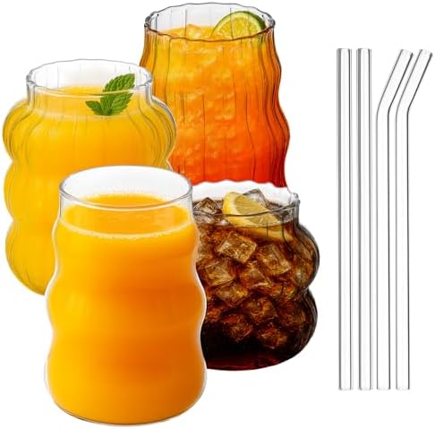 MAQUITA 4 Pcs Ribbed Glass Cups with Glass Straw, Cute Aesthetic Vintage Drinking Glasses, Wave Shape Design Bubble Cups for Iced Coffee Juice Cocktails Tea Milk by MAQUITA