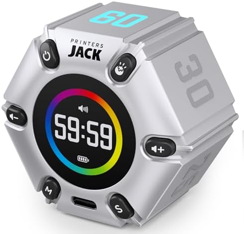 Printers Jack Pomodoro Timer - Productivity Cube, Visual Focus Timer, Mute & Vibration & Adjustable Sound Alert, for Office, ADHD, Study, Work, 3/5/10/25/30/60min & Custom Countdown - Silver by PrintersJack