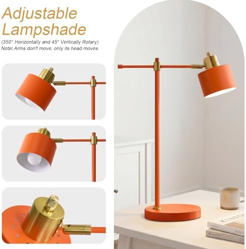 OYEARS 22.2" Modern Desk Lamp, Metal Table Lamp with LED Bulb, Adjustable Reading Lamps for Living Room, Mid Century Task Lamp for Home Office, Industrial Bedside Lamps with Solid Base, Orange - Image 2