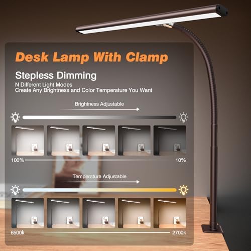Airlonv LED Desk Lamp with Clamp, 17" Stepless Dimming Light, Brown - Image 2