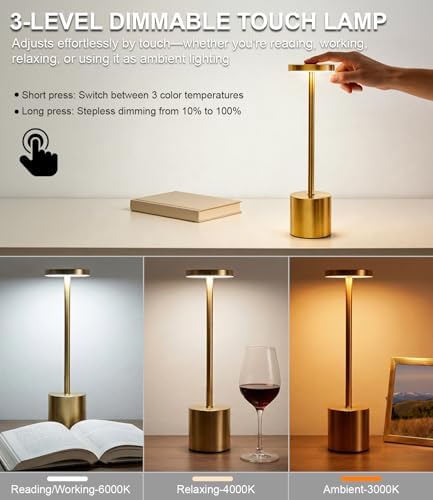 Swinerton Gold Cordless Table Lamp Set, 5000mAh Rechargeable Battery Operated Desk Lamp Wireless Table Light, 3 Color Dimmable Touch Lamp for Restaurant Dining Patio, Home/Apartment Decor - Image 2