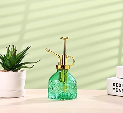 Glass Plant Mister Spray Bottle, 6.5" Green Glass Water Spray Bottle with Gold Top Pump Small Watering Can, Small Plant Sprayer Mister for Indoor Outdoor House, Green+Gold (Green+Gold D) - Image 4