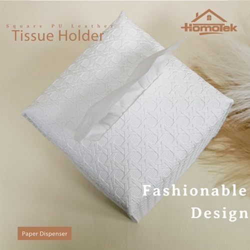 HOMOTEK 1 Pack Tissue Box Cover, Square PU Leather Tissue Holder, Decorative Facial Tissue Cube Paper Organizer Dispenser for Bathroom, Night Stands, Desk, Car 5X5X5'' - Rattan Weave, Pure White - Image 2