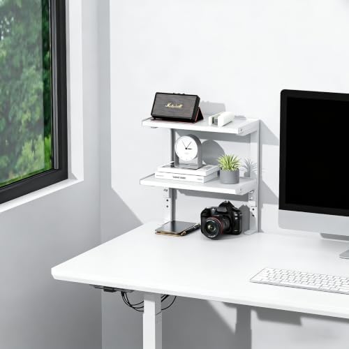 Spacrea Clamp on Desk Shelf, 2 Tier Office Desk Shelves Organizer, Wood Desktop Supplies Storage Rack, Desk Organizers and Accessories (White) - Image 2