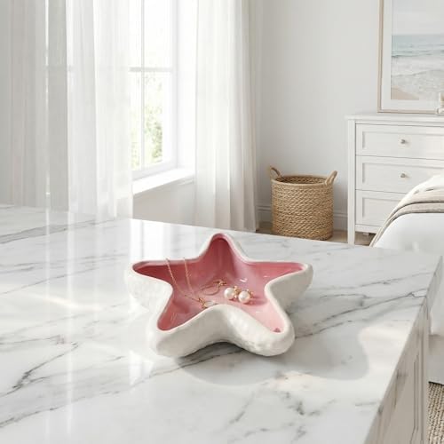 Starfish Jewelry Dish Ceramic Trinket Tray - Ocean Themed Ring Holder for Earrings, Necklaces, Beach & Bathroom Organizer with Glossy Glaze, Coastal Room Decor Gift for Women，Pink - Image 5
