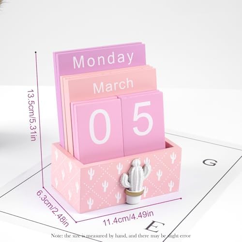 Notakia Perpetual Calendar Wooden Blocks Vintage Wood Block Calendar for Home Office Desk Accessories Week Month Date Display (Pink Calendar) - Image 2