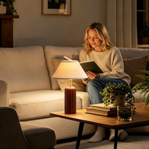 21'' Traditional Bedside Table Lamp, Solid Oak Wood Table Lamp with Linen Shade, Farmhouse Lamp Home Decor Vintage Lamp for Bedroom, Living Room, Nightstand (Bulb Included) - Image 2