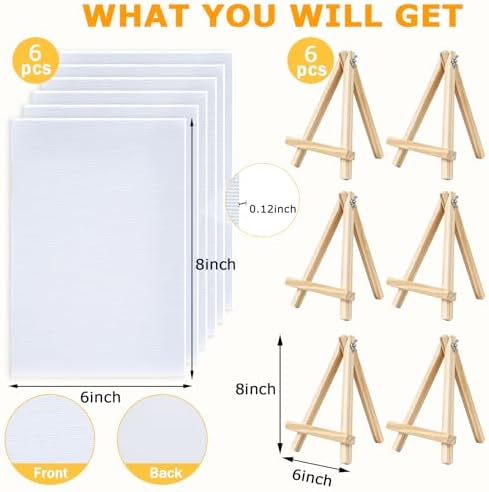 12 Pcs Mini Canvas and Easel Set 6''x8'' Small Blank Canvas Boards with Pine Wood Easels - Beginner Sip Painting Kit for Acrylic Oil Watercolor &Crafts - Ideal for Tabletop Display and Adults Party - Image 2